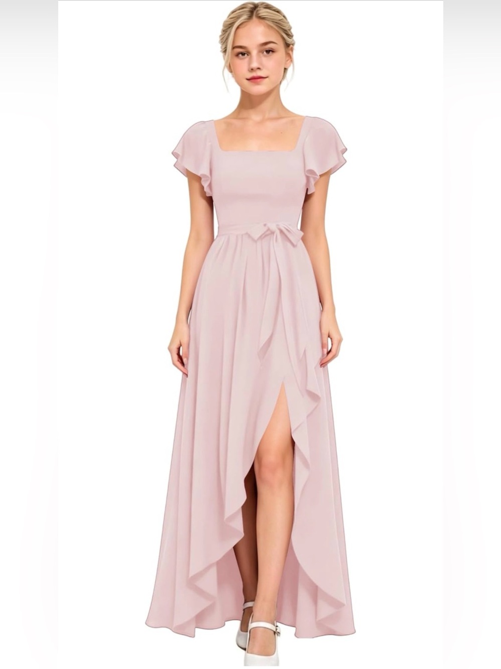 NWT Jr. Bridesmaid Sz 14 Square Neck Flutter Sleeve Dress HiLow Flowy hem Pink